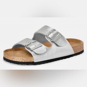 Bobbie Brooks Metallic Silver Double Buckle Sandals